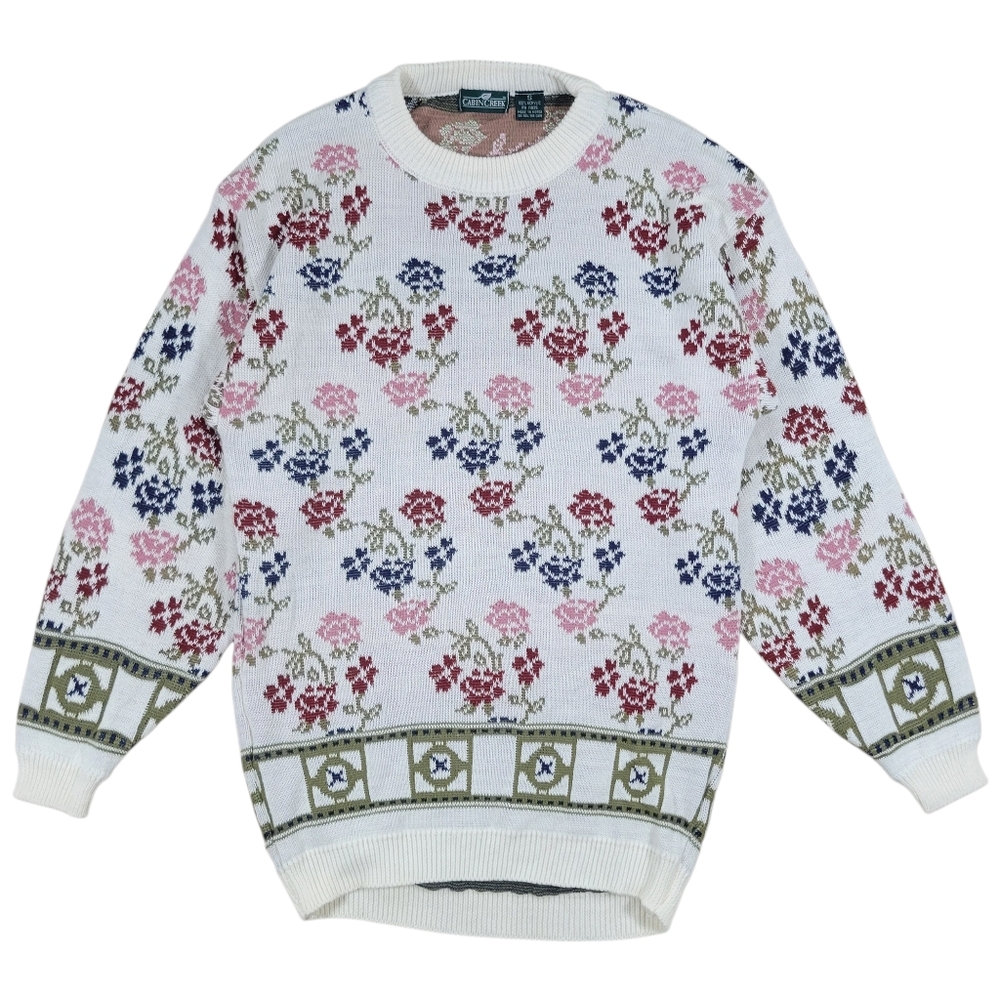 VTG Cabin‎ Creek Knit Sweater Womens S Cream Floral Cottagecore Heritage Granny